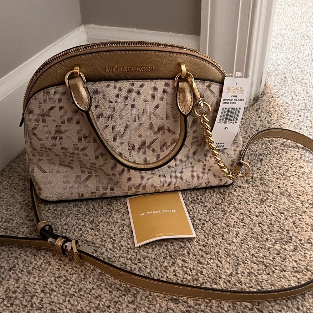 NWT Michael Kors Cream and Gold small EMMY dome satchel